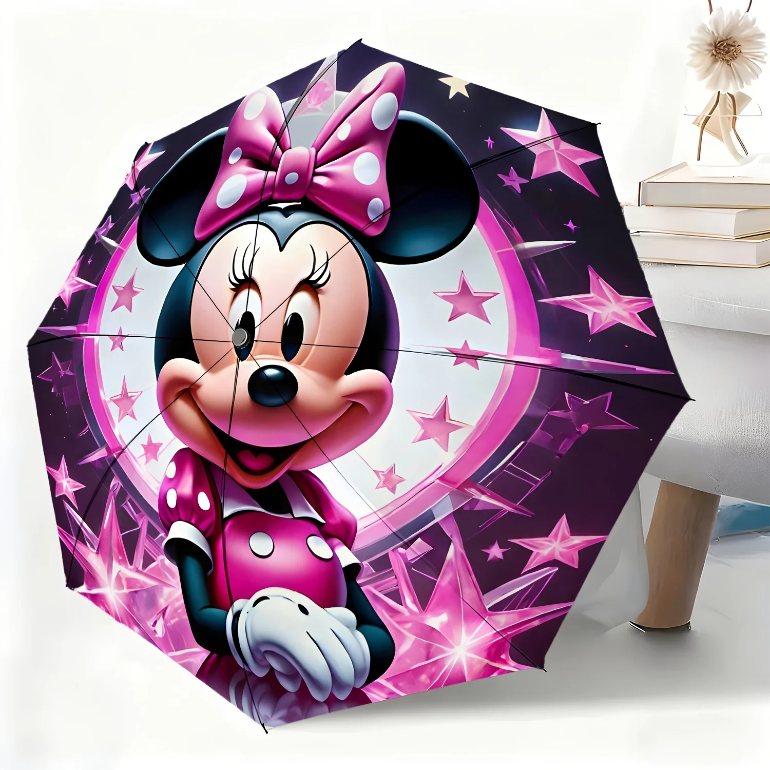 

Автоматический зонт с рисунком звезд Диснея Минни Маус, 1 шт., всепогодный складной зонт для любых случаев, портативный компактный зонт