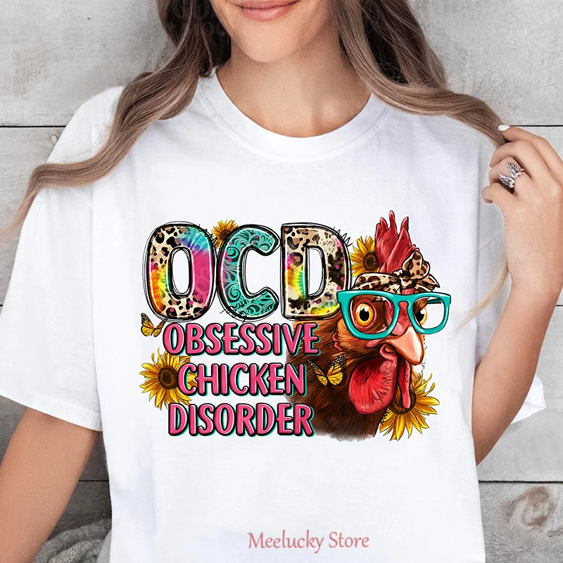 OCD obsessive chicken disorder funny chicken letter print pattern women's casual funny short sleeved top, pure cotton breathable