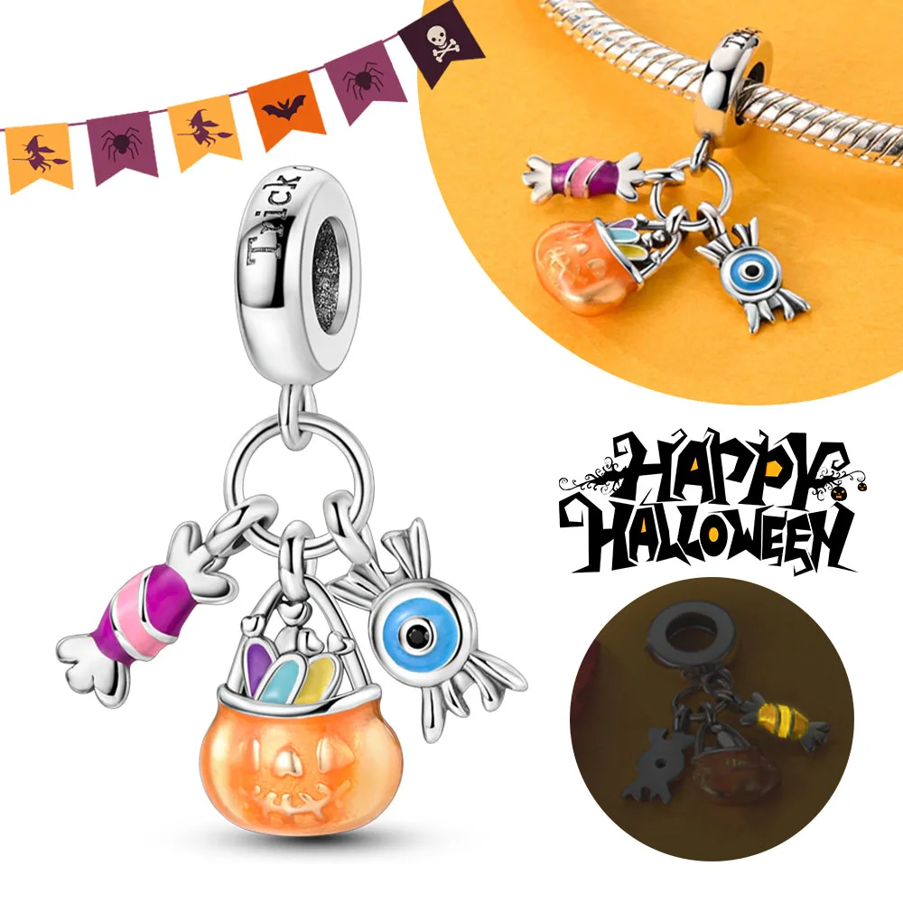 Halloween Charms 925 Silver Glow in Dark candy Cat Pumpkin Charms Fit Original Bracelets DIY Birthday Charms for Jewelry Making