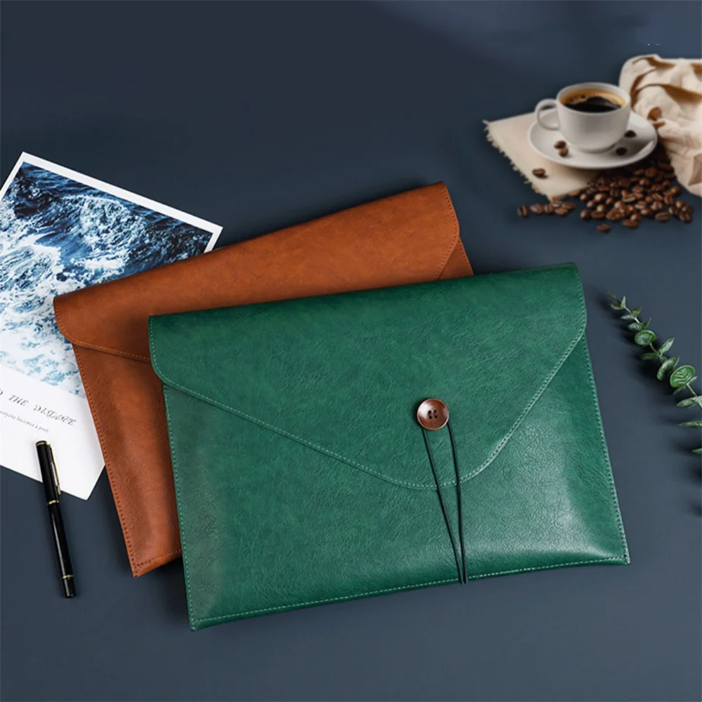 A4 Leather File Folder Button Data Package Document Bag Fashion Briefcase Data Contract Bill File Bag School Office Supplies