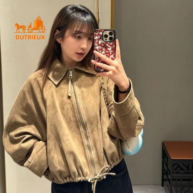 Winter Suede Leather Jacket Overzise Hem Leather Drawstring Design, 100% Goatskin Fabric Heavy Thick Women's Leather Jacket