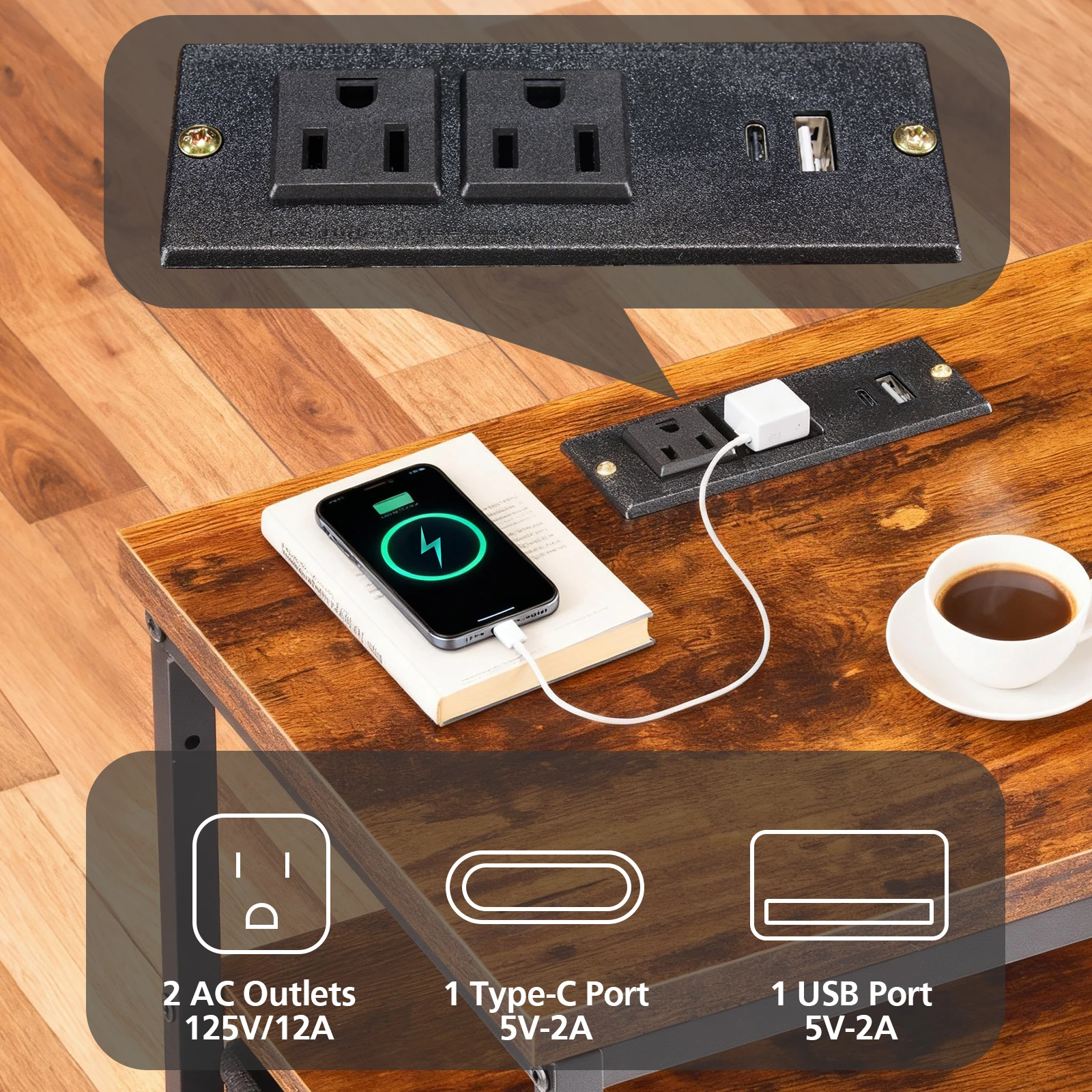 JHK Corner Table Cabinet with 4 Fabric Drawers Support USB/Type-C Ports and Outlets Adjustable Feet and Variable Light Strip image 5
