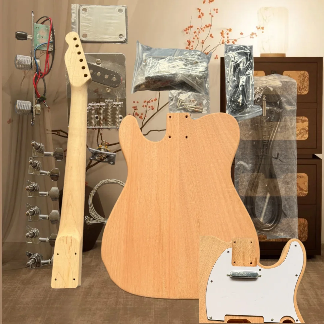 US Warehouse TL DIY Unfinished Electric Guitar Bare Wood Body Neck With Full Hardware Kit for Rock Instrument 6‑String Wooden Guitar Kit for Hand‑make Players Home Modification Building Project