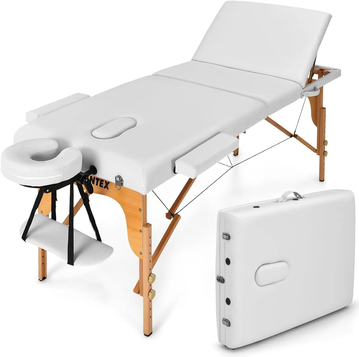 84inch Folding Massage Table Lash Bed, Portable 3 Sections Spa Salon Tattoo Bed with Face Cradle Armrests Wooden Legs, Professio