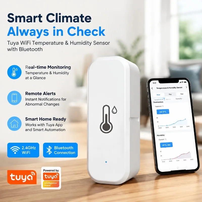Tuya WiFi Temperature Humidity Sensor with Bluetooth, Smart Home Hygrometer Thermometer, Remote Monitor and Alarm, 2.4GHz, Work