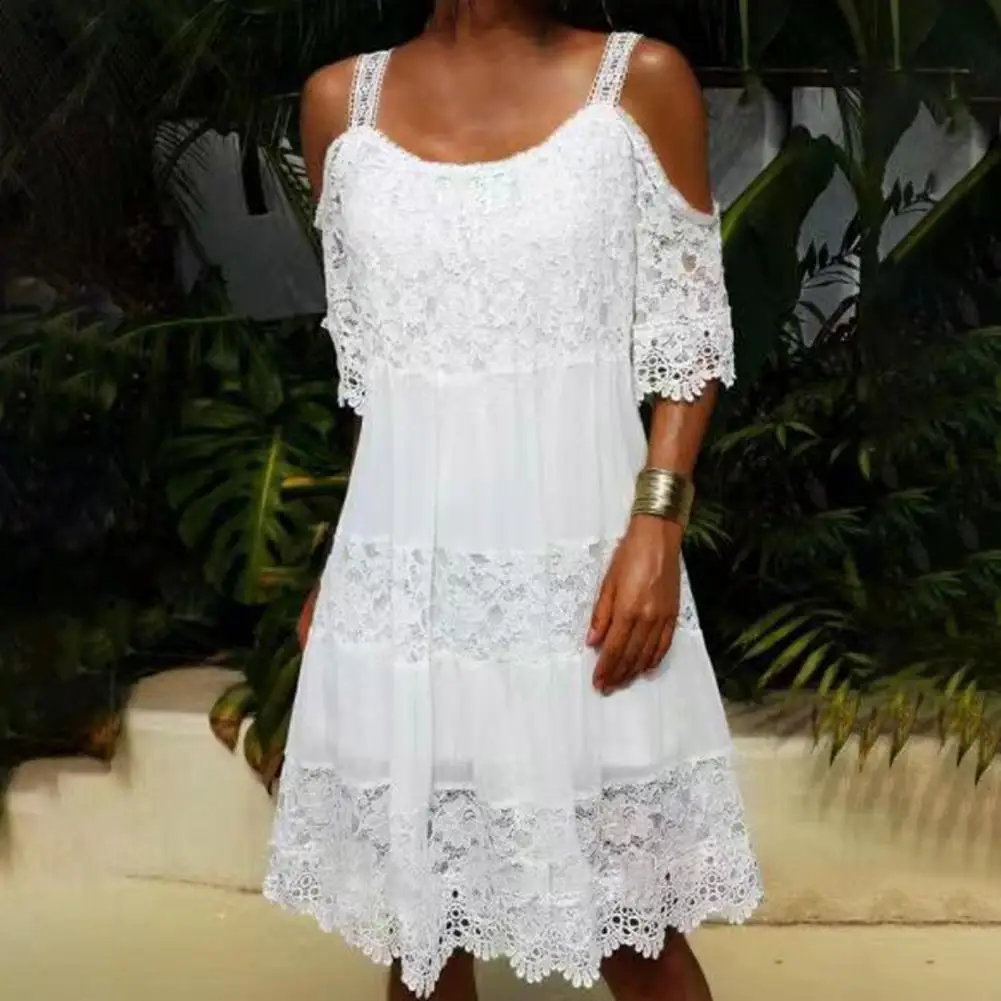 Summer Women Dress Cold Shoulder Half Sleeve Short Dress Crochet Embroidery Lace Stitching Mini Dress Female Clothing