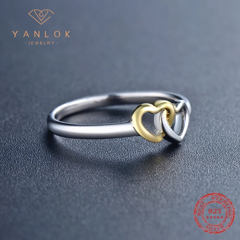 YANLOK Bands Jewelry Double Hearts silver rings Soild 925 sterling silver Heart Ring 2017 Collection Summer for women Gift