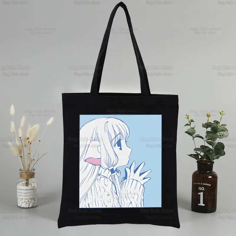 Chobits Chi Dames Shopper Tas Canvas Draagtas Schoudertassen Boodschappentas Met Print Zwarte Doek Handtassen Eco Vriendelijk