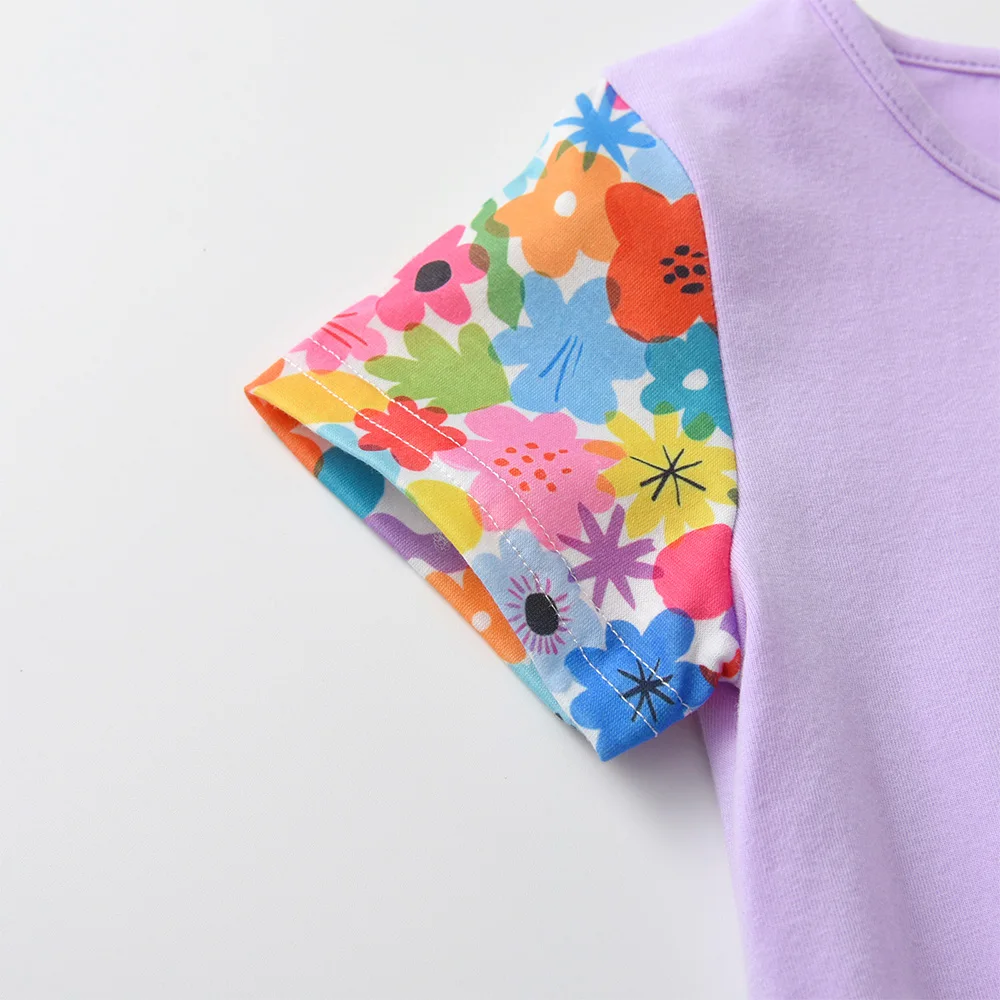 VIKITA Mädchen 2-teiliges Set Kinder Lila Kaninchen Kurzarm Baumwolle Casual T-Shirt Tops T-Shirts und Blumenhosen 2-teiliges Kleidungsset – Detail 9