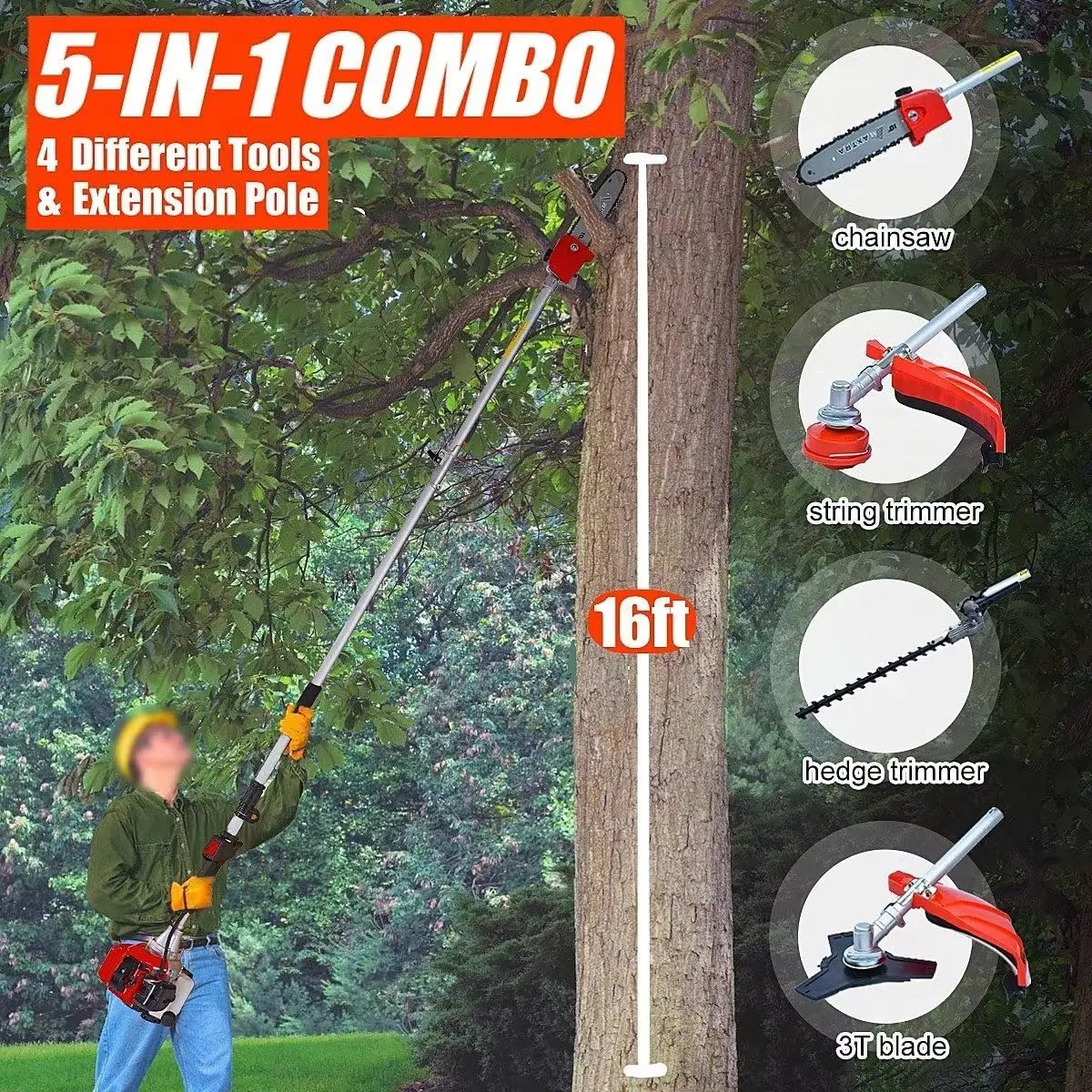 Reach 16Ft, 42.7Cc Gas Pole Saw For Tree Trimming, 4 In 1 Cordless Gas Pole Chainsaw Hedge Trimmer Grass Brush Cutter With