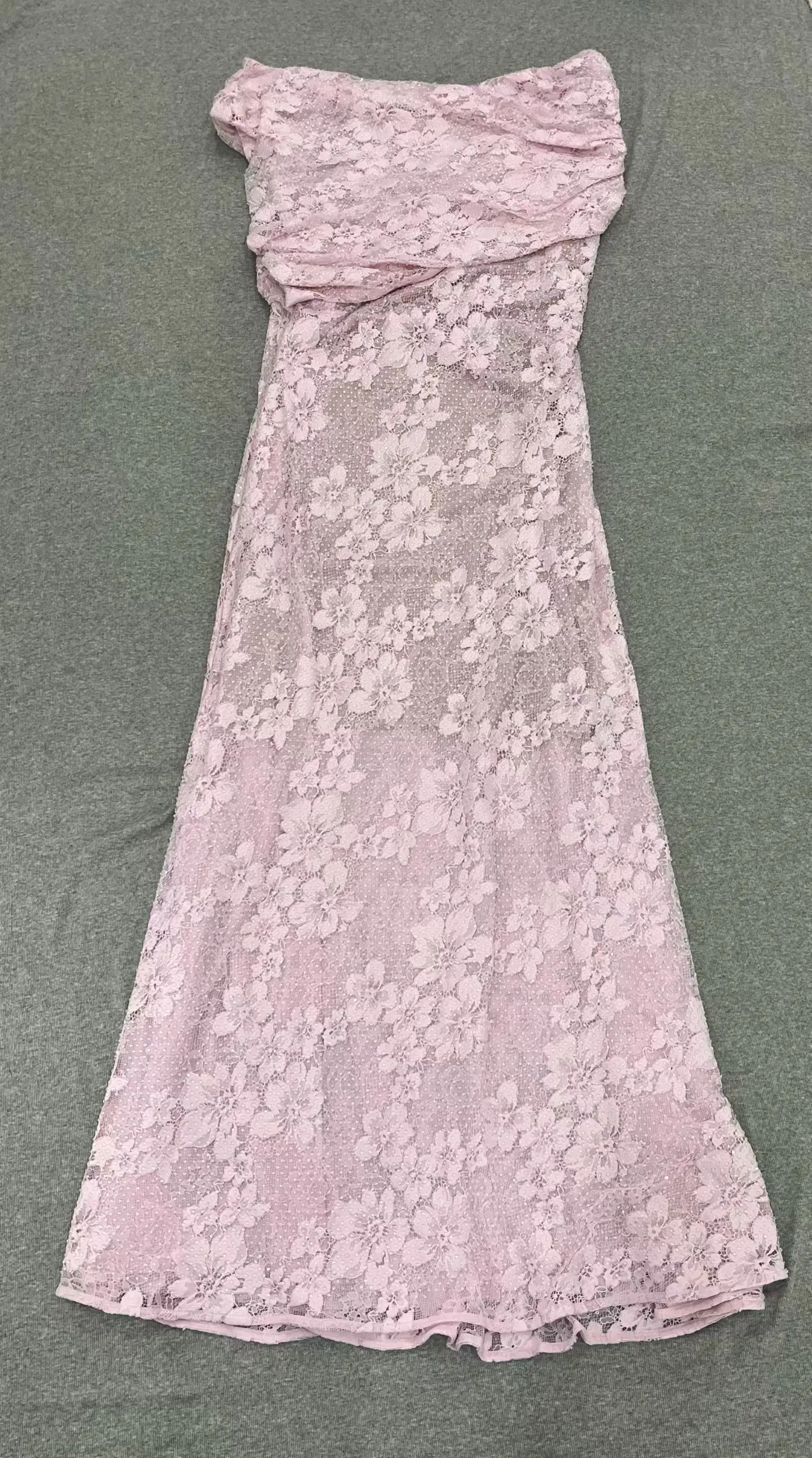 Women Lace rhinestone one shoulder sleeveless pink long dress