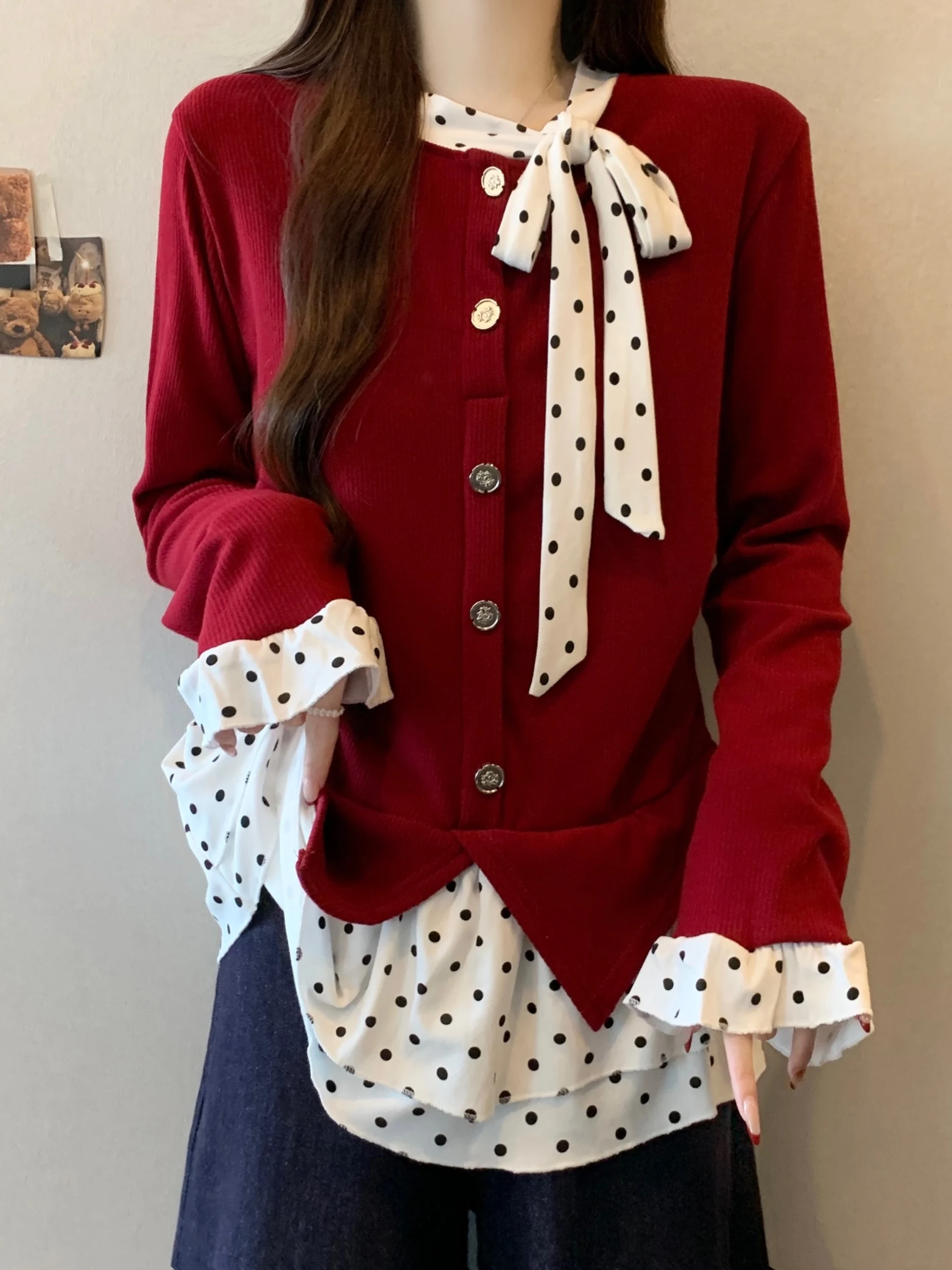 

plus Size Knitted Long Sve Fce Thiened Red Aosphere Sense Women's Top with Belt Polka Dot Pattern High Waist Design