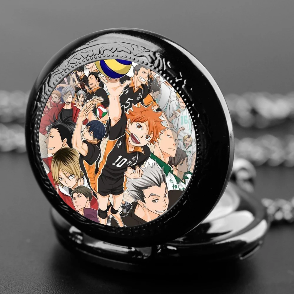 Classic Anime Haikyuu!! Design Quartz Pocket Watch Gift Set with Durable Chain and Arabic Numeral Face Timeless Present for Men