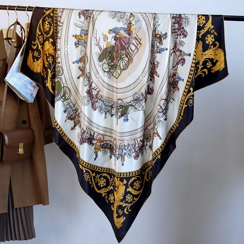 

High-end Elegant Women Fine Princess and Knight Print Quality 16MM Plain Satin Silk Hand-rolled Edge Large Square Scarf Shawl