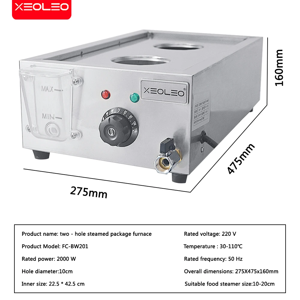 XEOLEO Commercial Electric Food Steamer Countertop Bread Maker Two-hole Stainless Steel Bread Bun Steamer Machine 3000W