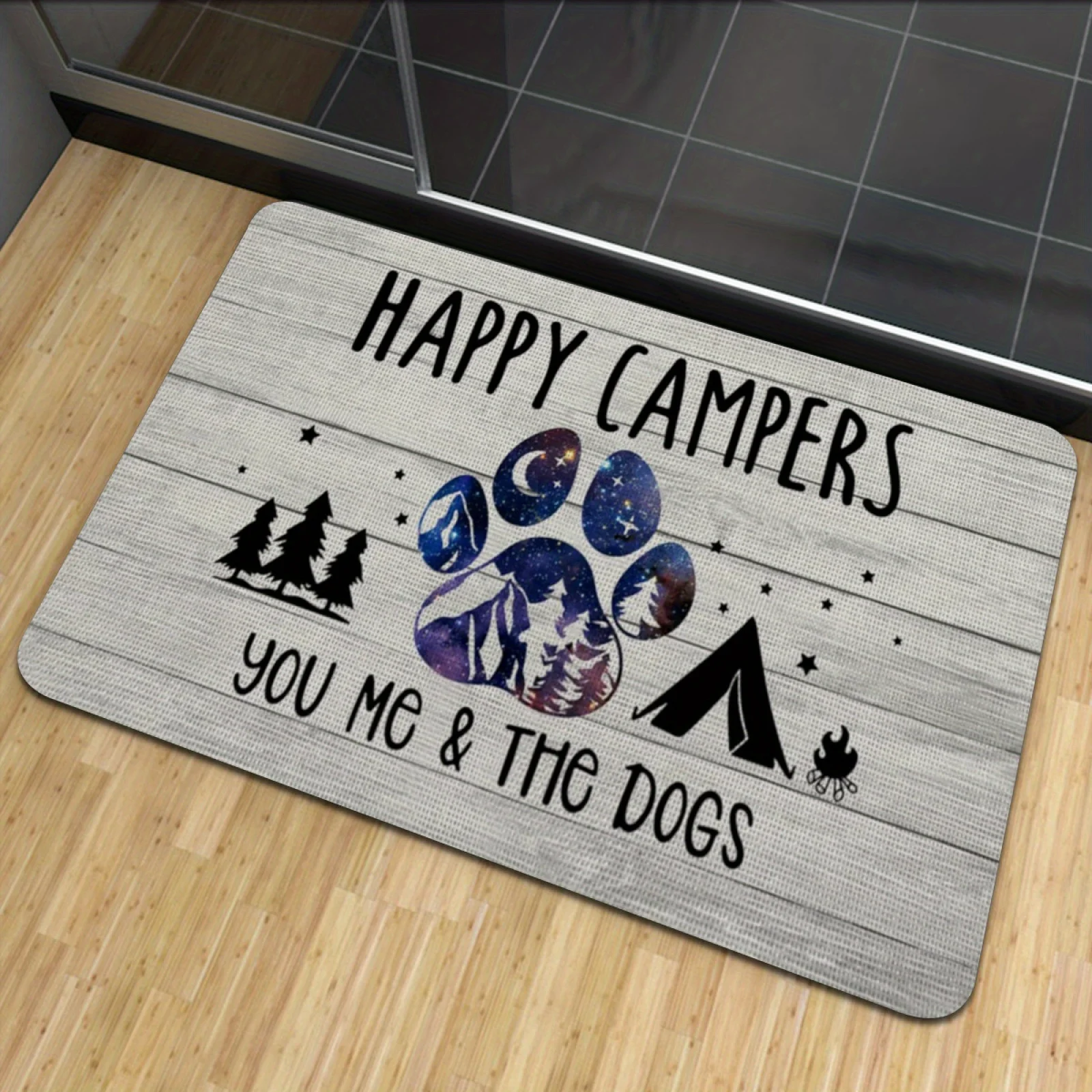 VIKAMA Happy Campers Doormat Dog Paw Tent Forest Print Non‑Slip Washable Entrance Mat Indoor Outdoor Home Decor Floor Rug