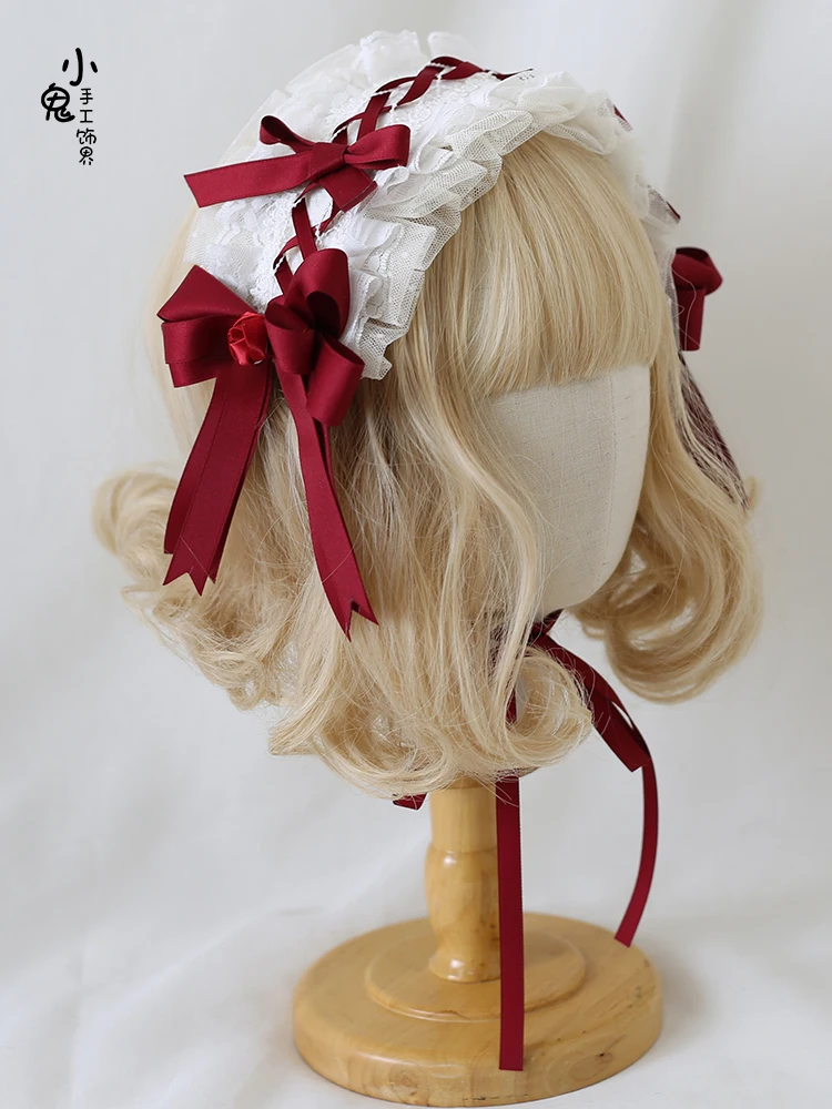 

Темно-красная японская элегантная плоская шляпа в стиле Лолиты, кружевная повязка для волос в стиле Лолиты, украшение с цветком, свадебный цилиндр, повязка для волос с бантом