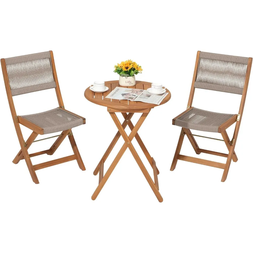 

3 Piece Acacia Patio Bistro Set, Outdoor Compact Wood Table and Chairs Set of 2 for Apartment Balcony Front Porch Deck Yard