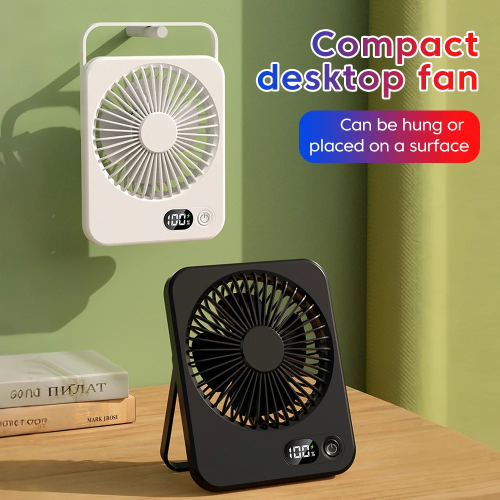 Desktop Fan Mini Hangable Ultrathin 5 Level Strong Wind Battery Display Fans Portable Indoor Outdoor Fan Air Cooling Handsfree