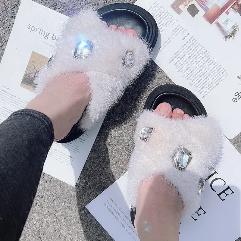 Thickened Bottom Design Women's Fur Slippers Winter High Quality Mink Fur Slippers Luxury Rhine-embellished Platform Slippers