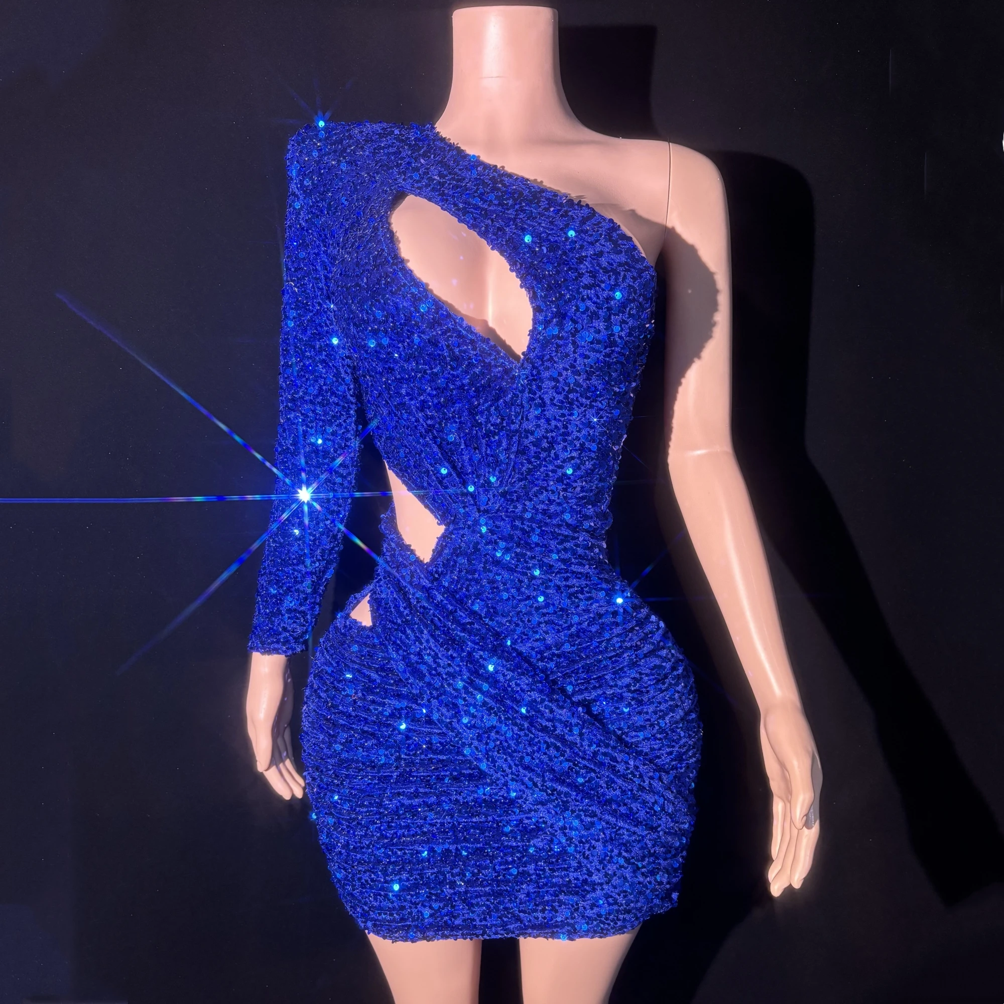 Sparkly Sequins One-Shoulder Sexy Hollow Out Sheath Mini Dress Evening Party Nightclub Performance Costume Bar Singer Stage Wear