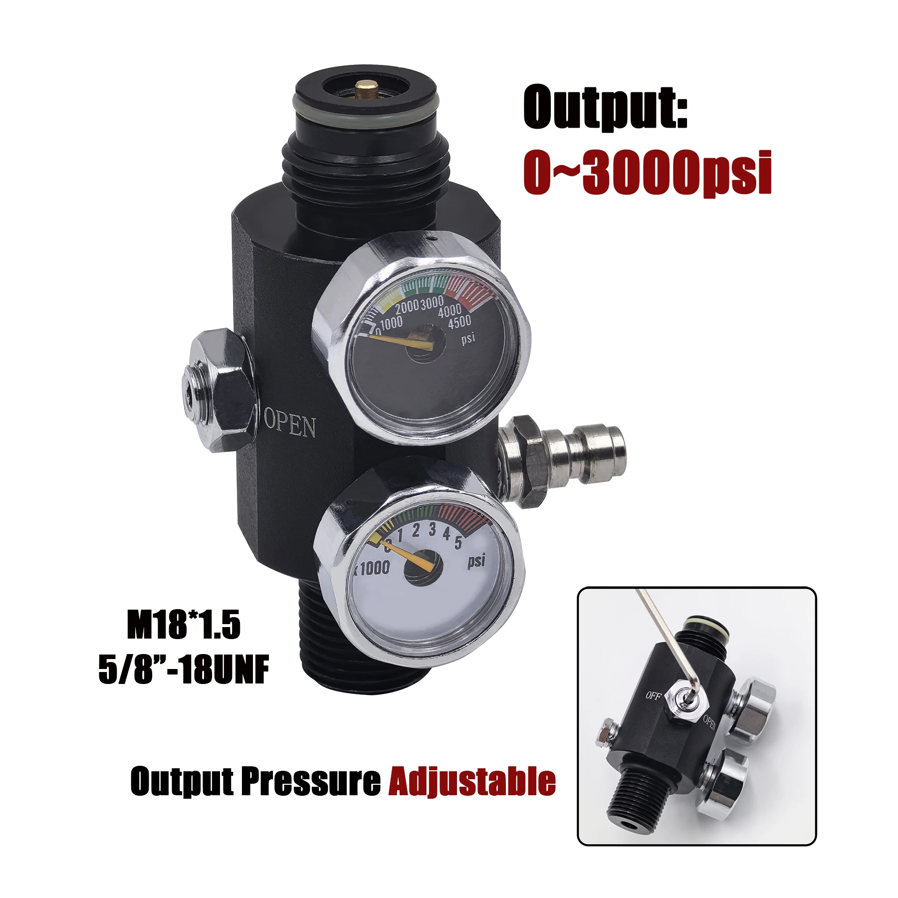 HPA Regulator with Pin Air Valve Regulated Output 0 to 3000psi M18*1.5, 5/8