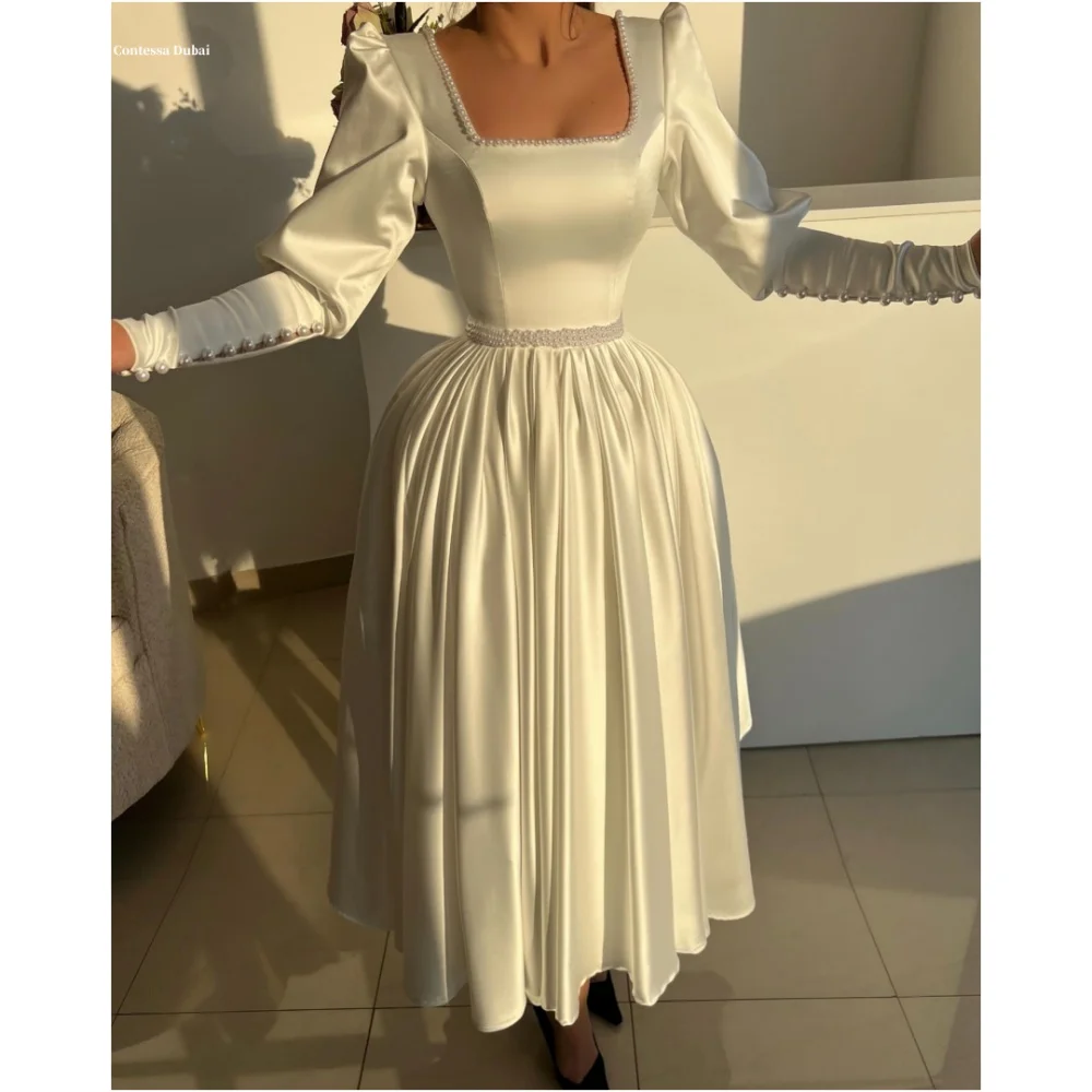 Contessa Dubai White Pearls Long Sleeves Wedding Dress Square Collar vestidos de noche Ankle-Length فساتين سهرة Customized 2025