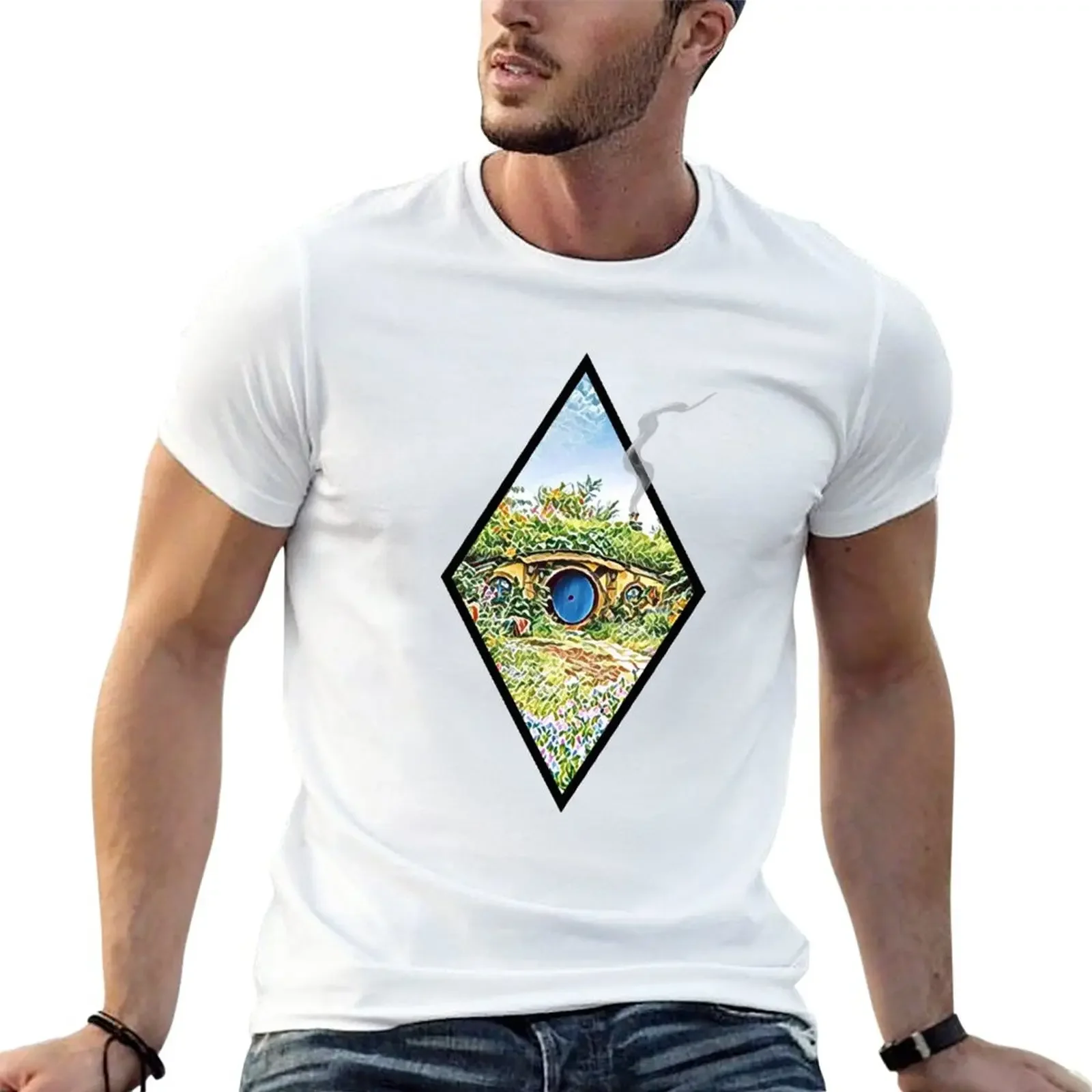 New Cozy Home on a Hill with Smoke Coming Out of a Chimney - White - Fantasy T-Shirt Oversized t-shirt tshirts for men