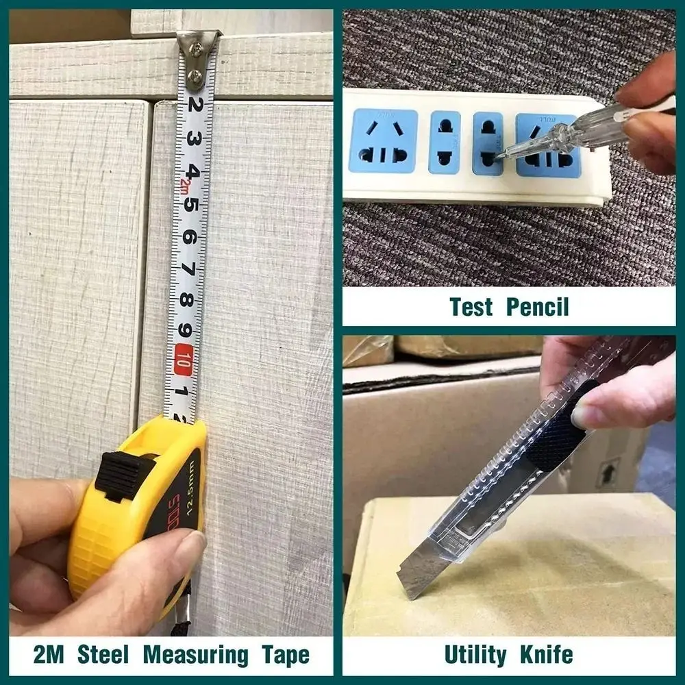 

8 шт./компл., 8 шт./компл., набор инструментов для домашнего обслуживания, лента, линейка, отвертка, универсальный ящик для инструментов, тестовый карандаш, прочный комбинированный ящик для инструментов
