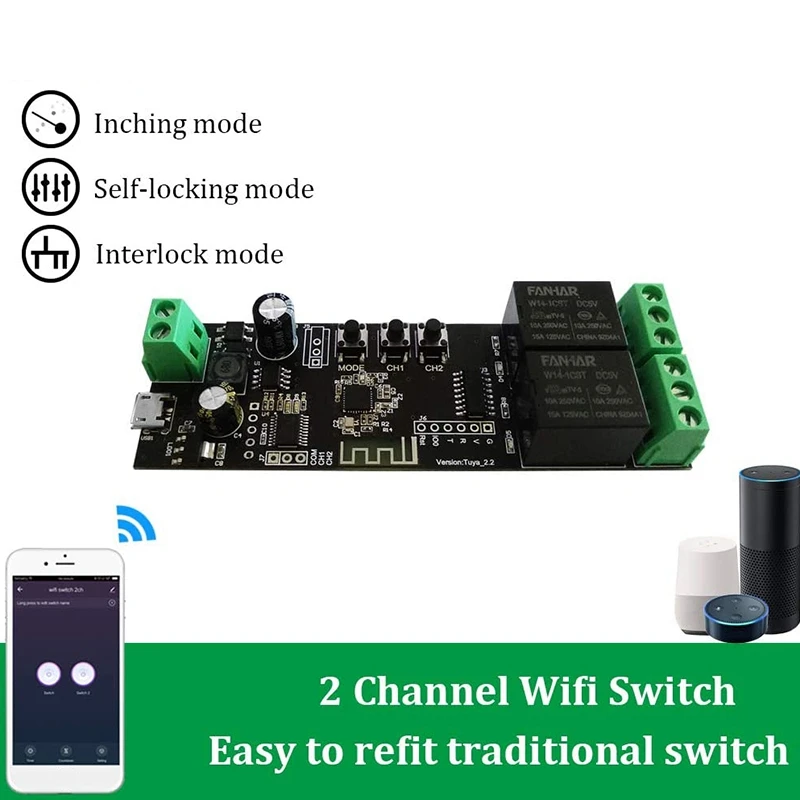 Módulo de interruptor autoblocante de relé de avance lento momentáneo, WiFi de 2 canales, Control por aplicación Smart Life/Tuya