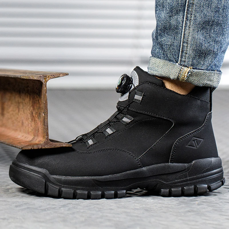 Botas de trabajo con botones giratorios para hombre, zapatos de seguridad con punta de acero, zapatos protectores a prueba de perforaciones, zapatos