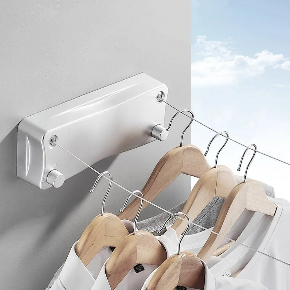 Retractable Clothesline Stainless Steel Indoor Outdoor Clothes Hanger Double Line With Adjustable Rope Space-Saving WB3030