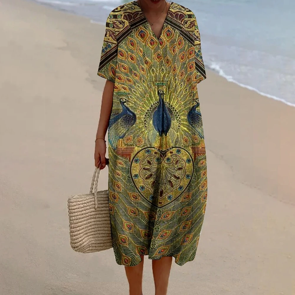 

Boho Print Half Sleeve Lady Beach Dress Casual Daily Wear Bohemian Vacation Style Dress Holiday Linen Dress Women Luxury