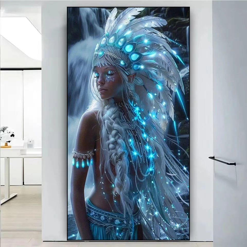 

Fluorescent Tribe Woman Diy Diamond Arts Painting Large Size Feather Scenery Portrait Full Mosaic Embroidery stitch Wall Decor