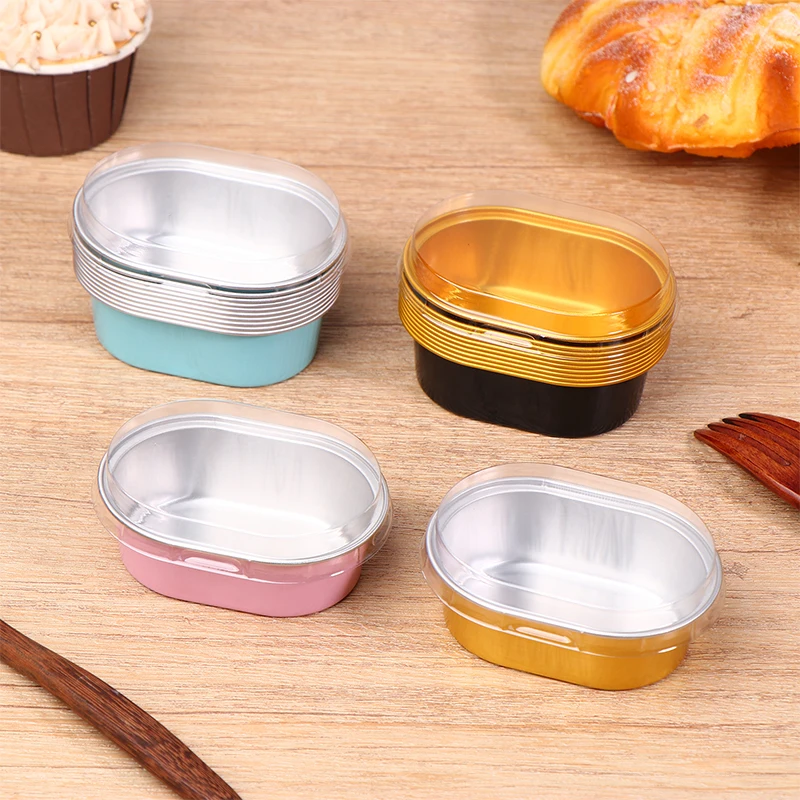 ถ้วยอบขนมขนาดเล็ก 10 ชิ้น 68 มล. ทำจากอลูมิเนียมฟอยล์ รูปทรงวงรี พร้อมฝาปิด ทนความร้อน สำหรับงานเลี้ยงสังสรรค์