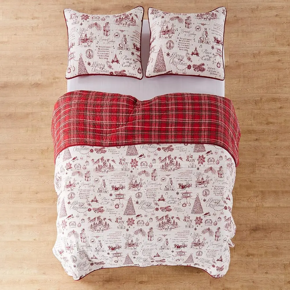 Set Selimut Katun Motif Natal Merah & Krem - Ukuran Full/Queen 88x92 inci + 2 Sarung Bantal 26x20 inci - Dapat Dibalik