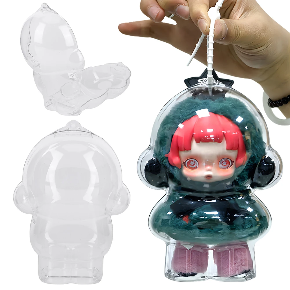 1-5PCS For Skull Panda Doll Transparent Protective Case Plastic Organizer Box Portable Protective Cover Case with Hook Strap