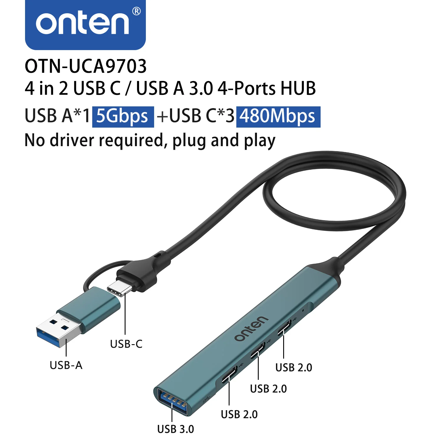 ONTEN USB HUB Type-C USB-B Dual Input 4 Ports Adapter 5Gbps 480Mbps Data Transfer Hub For Windows Linux Android Plug And Play