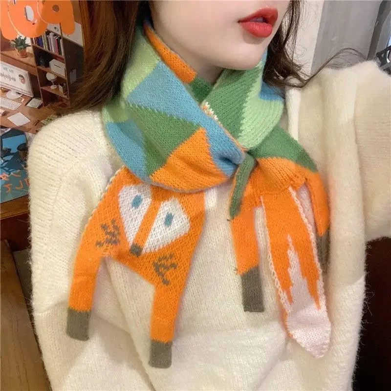 Cute Fox Pattern Comfortable Scarf Fashion Women's Shawl Autumn and Winter Soft Knitted Collar Casual Wear Windproof Warm Scarf