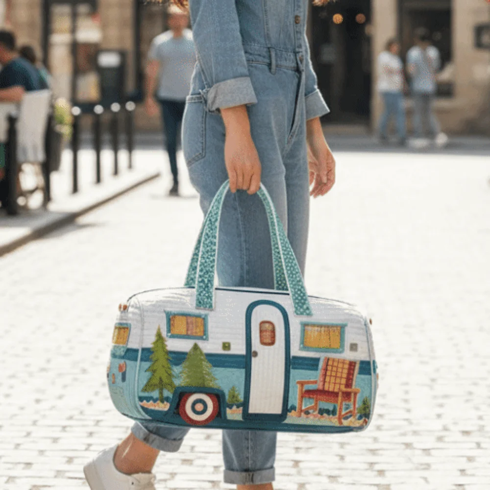 Large Capacity Bus Printed Travel Duffle Retro Flat Print Quilted Sponge Travel Handbag Bus Shape Lightweight Fabric