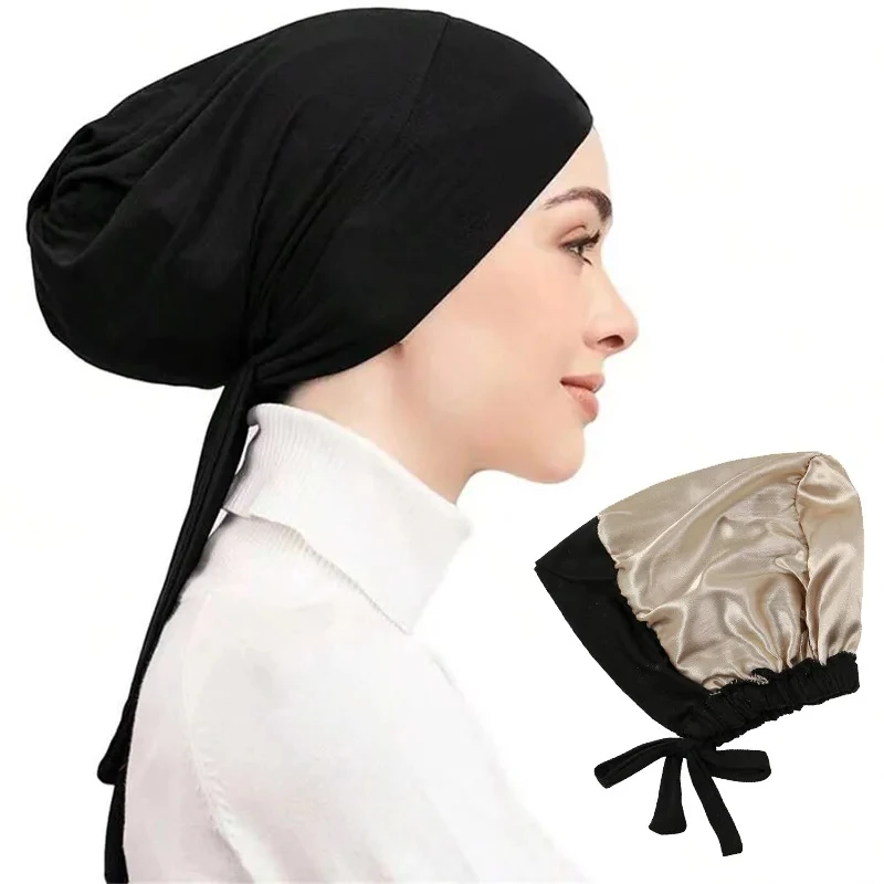 New Solid Color Elastic Hijab Undercap Lining Satin Turban Hats Back Tied Adjustable Head Wraps Head Scarf Chemo Cap For Women