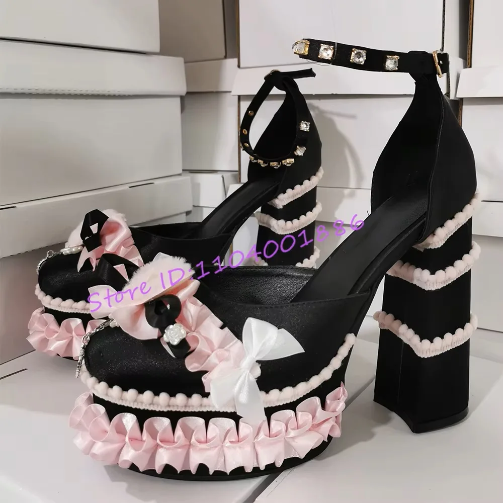 

Sweet Satin Knot Lace Chunky Platform Sandals Women Lolita Mary Jane Shoes Rhinestone Strap Ankle Buckle High Heels Dress Shoes