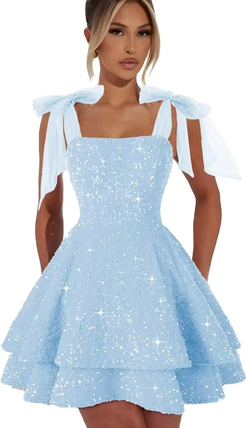 

Sparkly Sequin Homecoming Dresses for Teens with Bow Spaghetti Strap Short Prom Dresses Princess Cocktail Party Gown