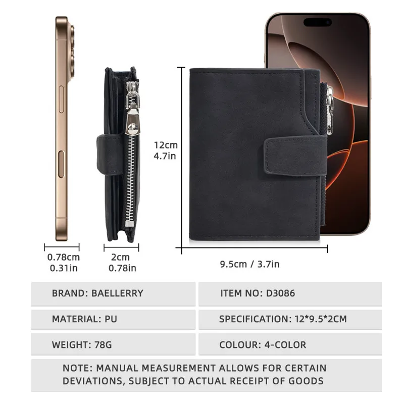Men Vintage Matte PU Leather Short Wallet Bifold Buckle Purse Zipper Coin Pocket Multi‑Card Slots ID Window Male Wallet