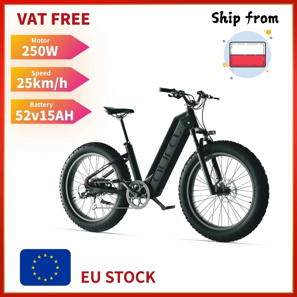 Vélo électrique Cyrusher Aura, moteur 250W, amortisseur, pneus tout-terrain, frein à disque, étanche, pneus de 26 pouces, batterie 52V 15AH