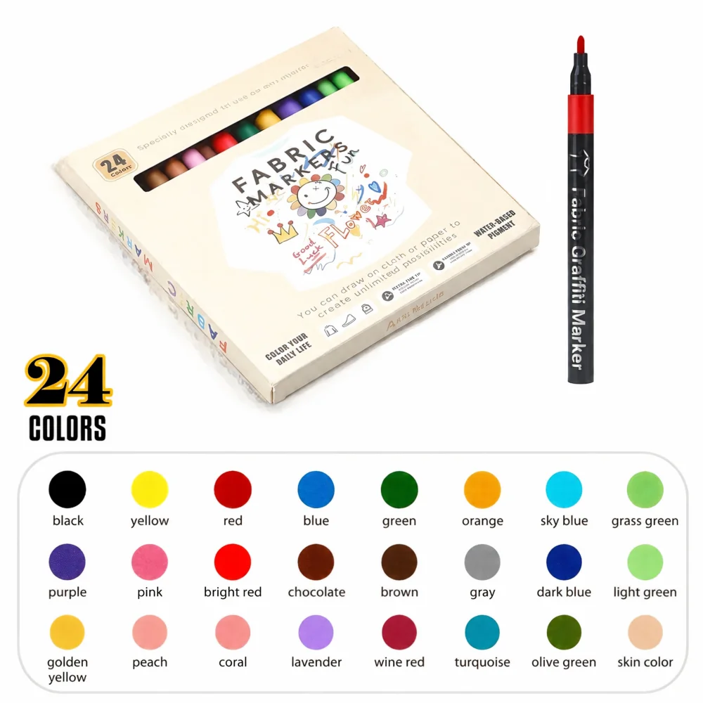 Textielstiften (set van 6-48 kleuren) met katoenen punt – voor kleding, schoenen en canvas – geschikt voor DIY-knutselprojecten, schilderen en permanente textielkunst.
