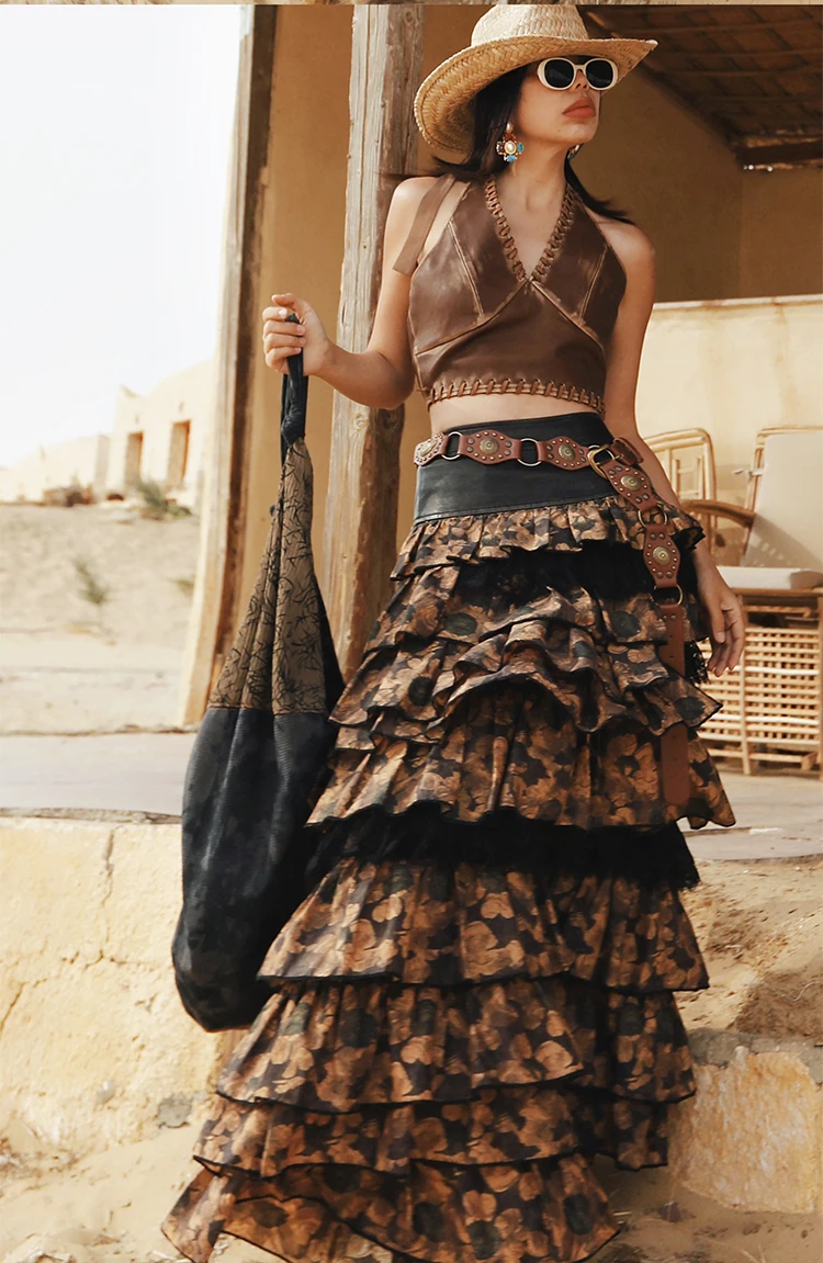 

Spring Summer Women Retro PU Leather Lace Mesh Printed Patchwork Layered Skirt