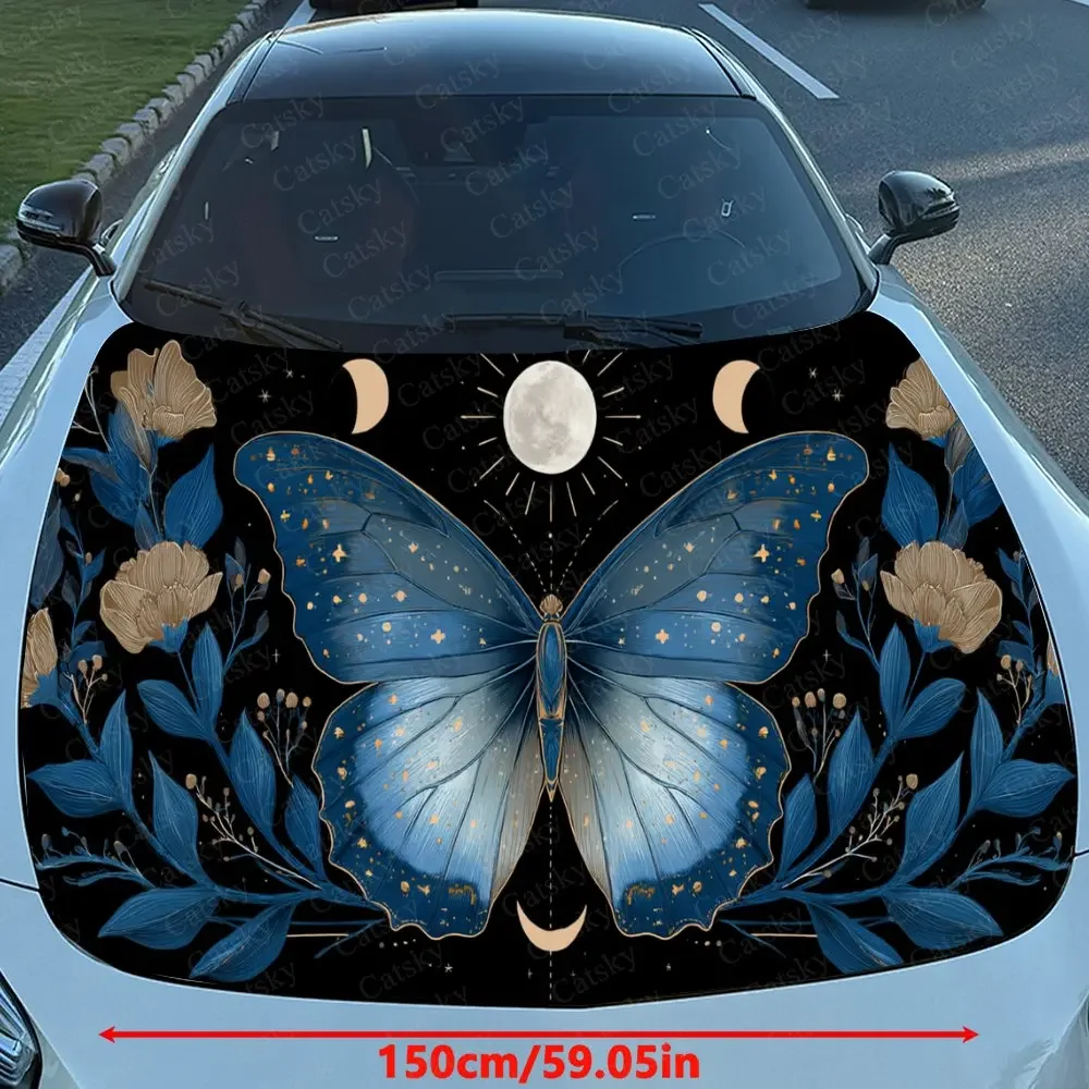 Lunar Phase Blue Butterfly Car Vinyl Wrap, PVC Waterproof Car Hood Sticker, Self-Adhesive Scratch-Resistant Stickers