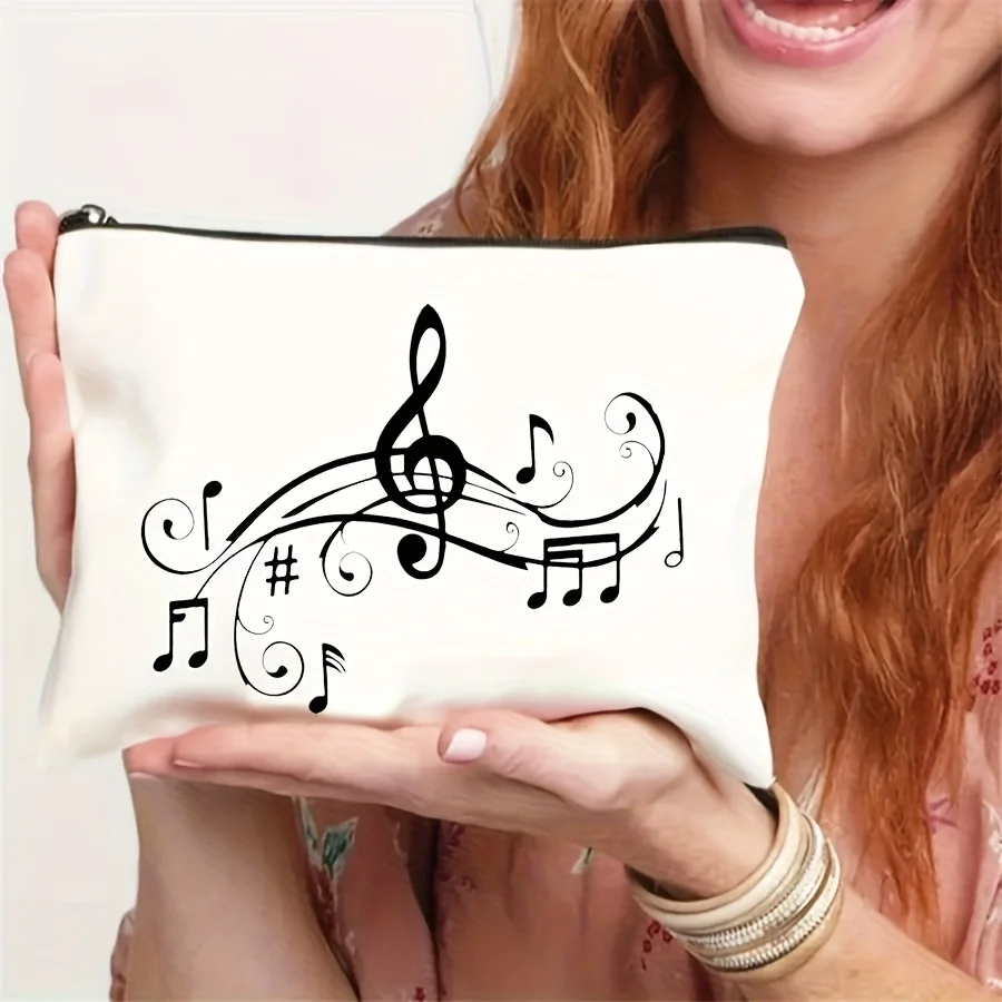 Stylish Women'S Makeup Bag With Musical Notes - A Lightweight And Durable Polyester Cosmetic Pouch Featuring A Zipper, Designed