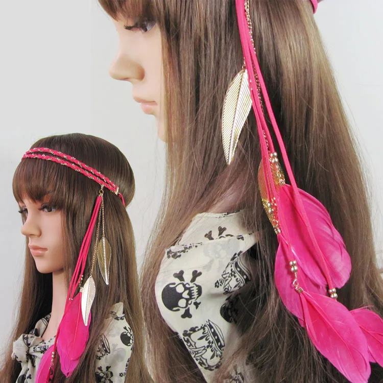 New Fashion Women Colorful Feather Headband Double Layer Spandex Velvet Striped Ribbon Bohemian Indian  Leaf Hair Band A5005
